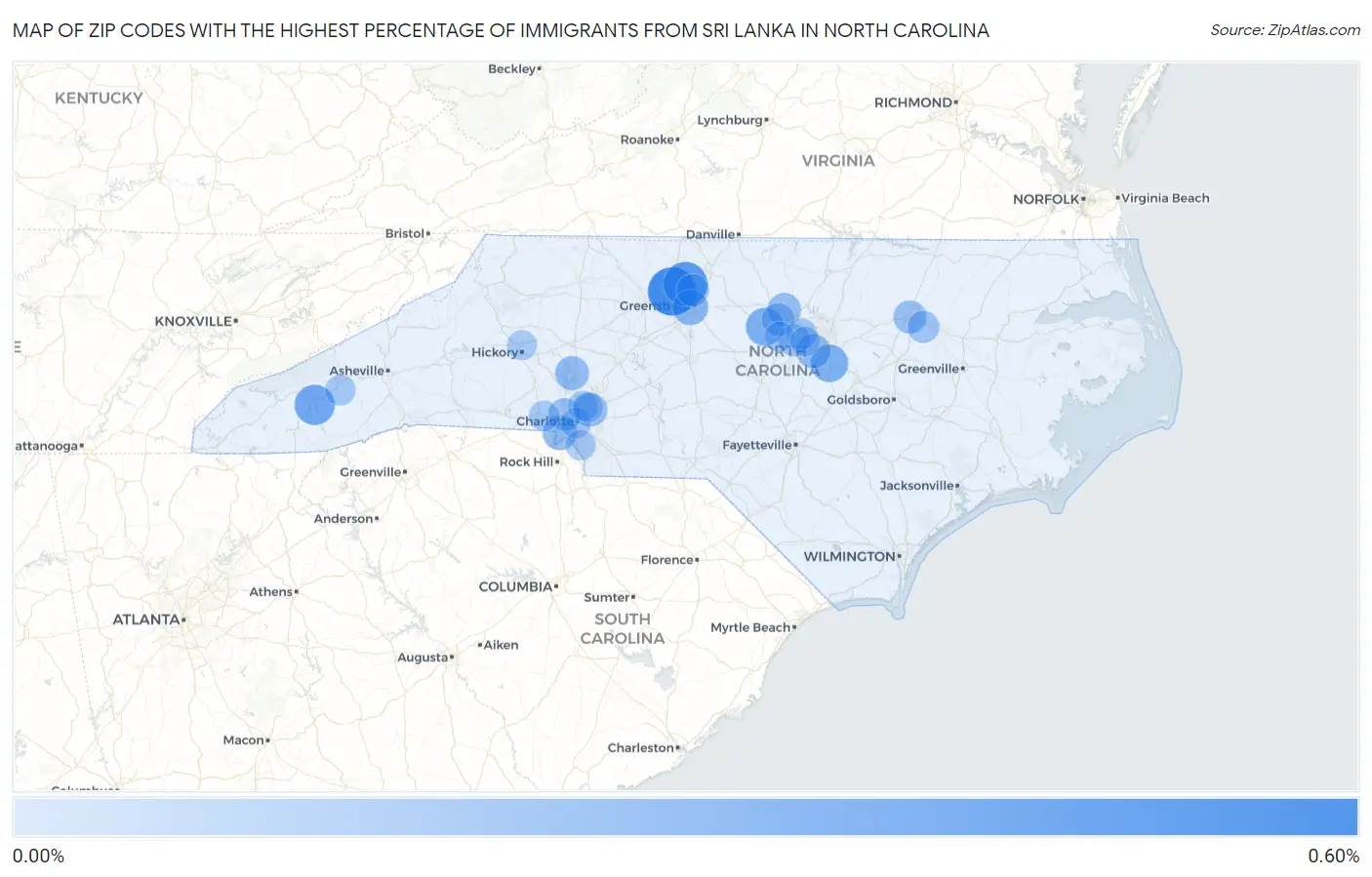 Zip Codes with the Highest Percentage of Immigrants from Sri Lanka in North Carolina Map