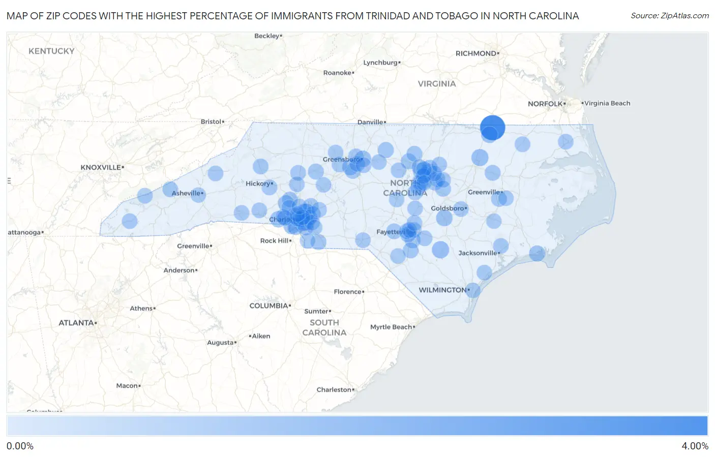 Zip Codes with the Highest Percentage of Immigrants from Trinidad and Tobago in North Carolina Map