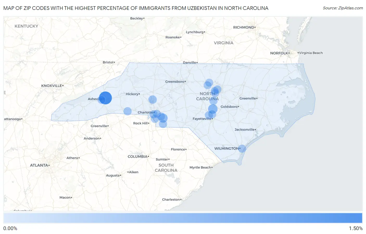 Zip Codes with the Highest Percentage of Immigrants from Uzbekistan in North Carolina Map