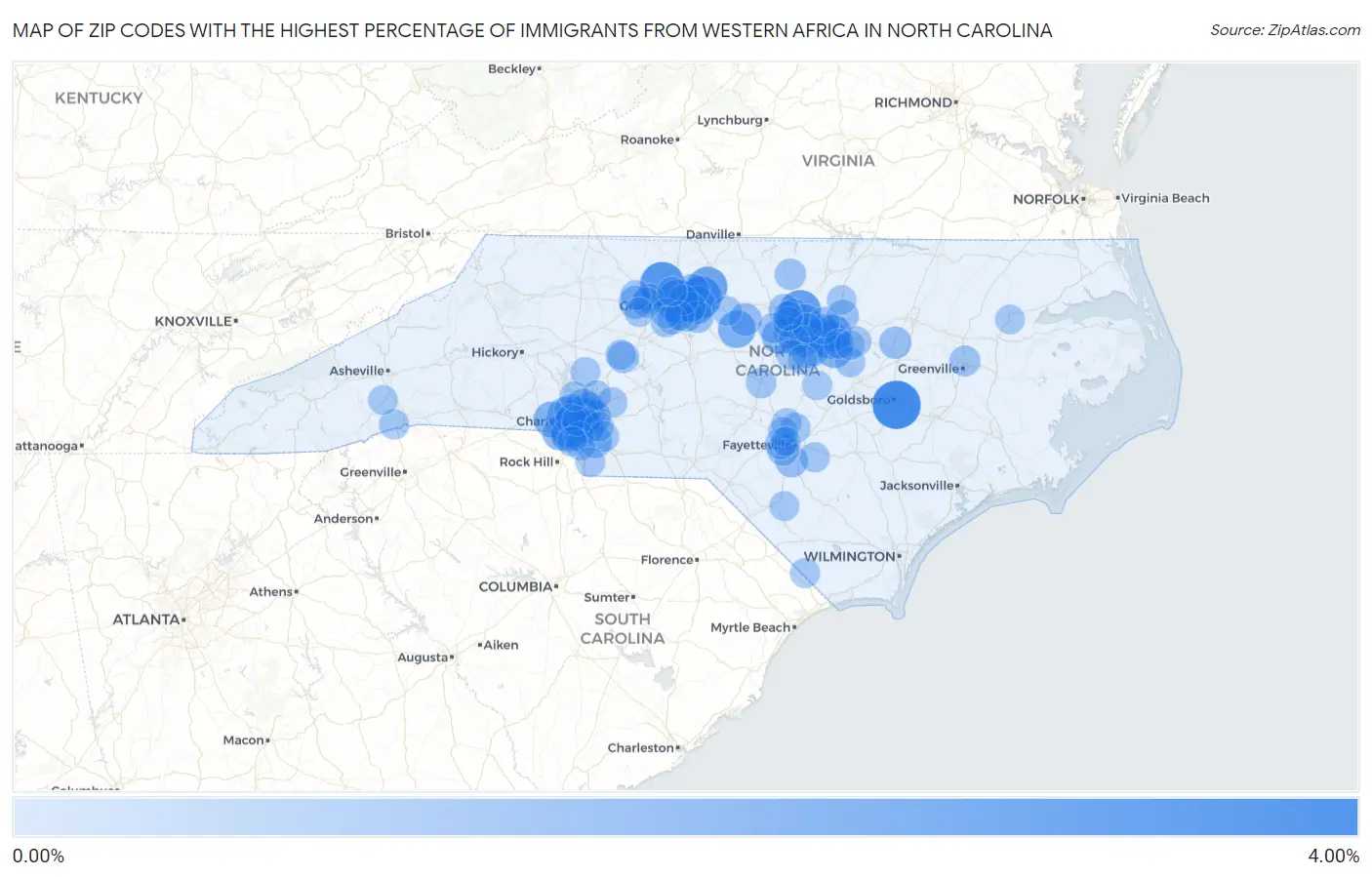 Zip Codes with the Highest Percentage of Immigrants from Western Africa in North Carolina Map