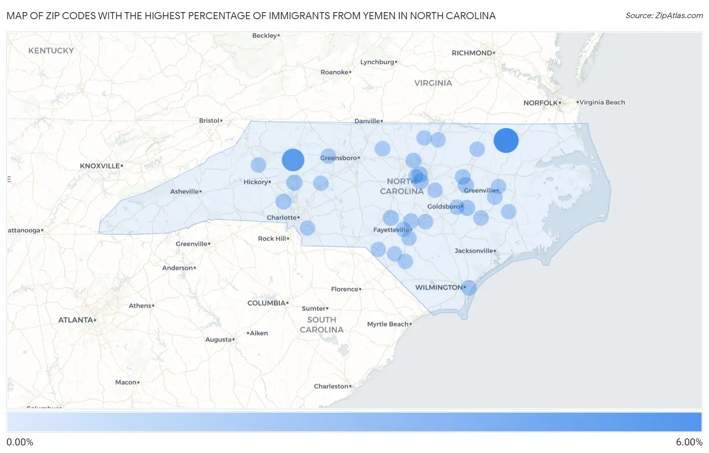 Zip Codes with the Highest Percentage of Immigrants from Yemen in North Carolina Map