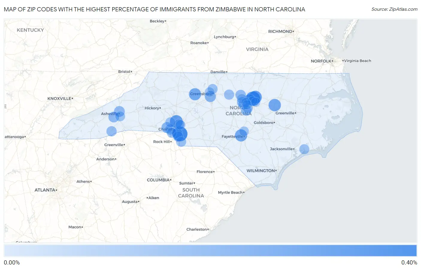 Zip Codes with the Highest Percentage of Immigrants from Zimbabwe in North Carolina Map