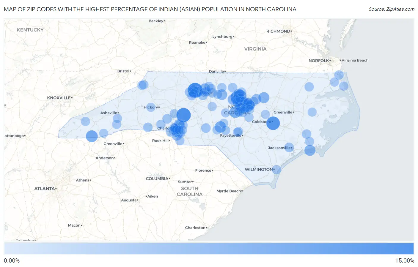 Zip Codes with the Highest Percentage of Indian (Asian) Population in North Carolina Map