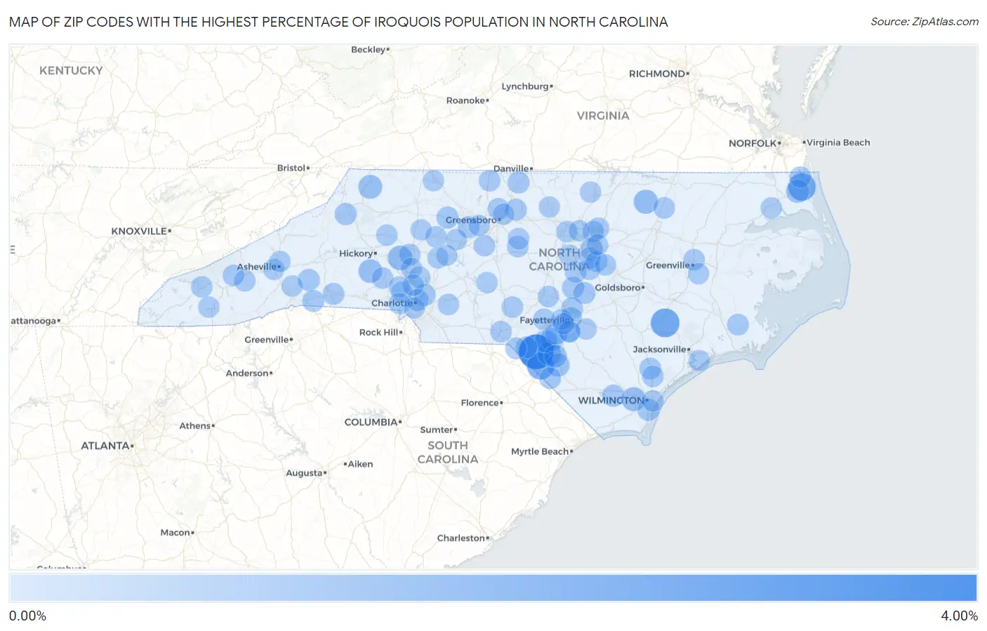 Zip Codes with the Highest Percentage of Iroquois Population in North Carolina Map