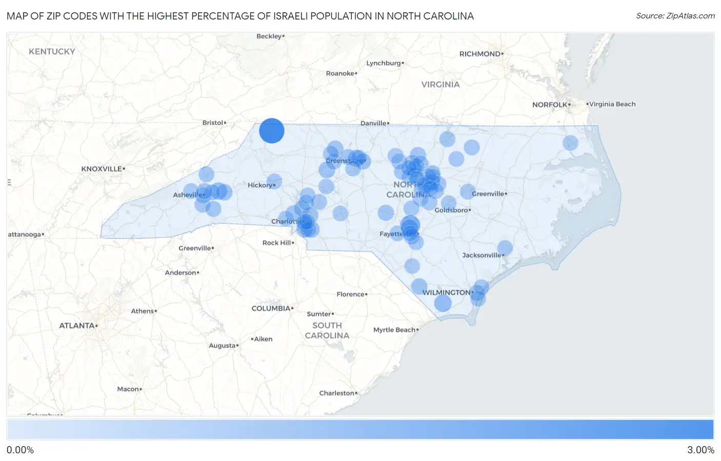 Zip Codes with the Highest Percentage of Israeli Population in North Carolina Map