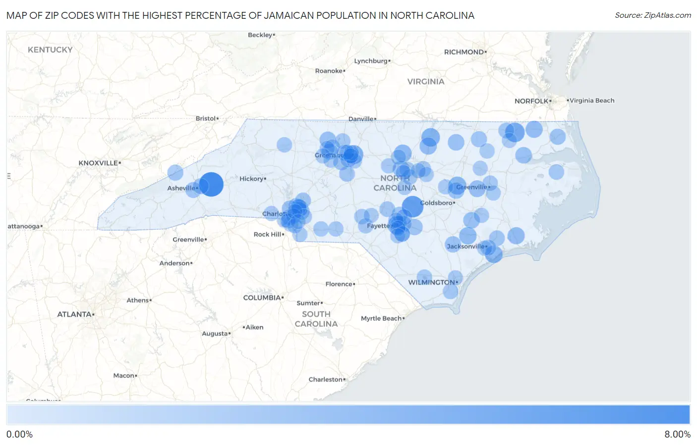 Zip Codes with the Highest Percentage of Jamaican Population in North Carolina Map