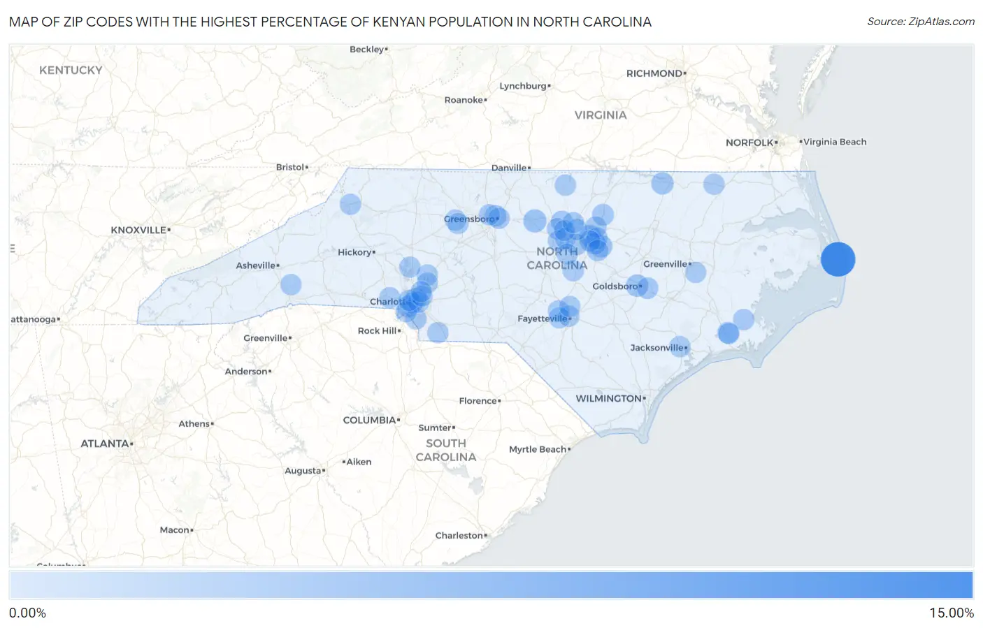 Zip Codes with the Highest Percentage of Kenyan Population in North Carolina Map