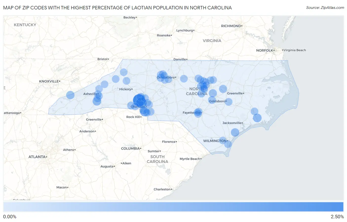 Zip Codes with the Highest Percentage of Laotian Population in North Carolina Map