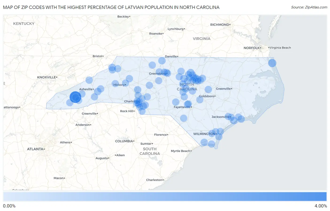 Zip Codes with the Highest Percentage of Latvian Population in North Carolina Map