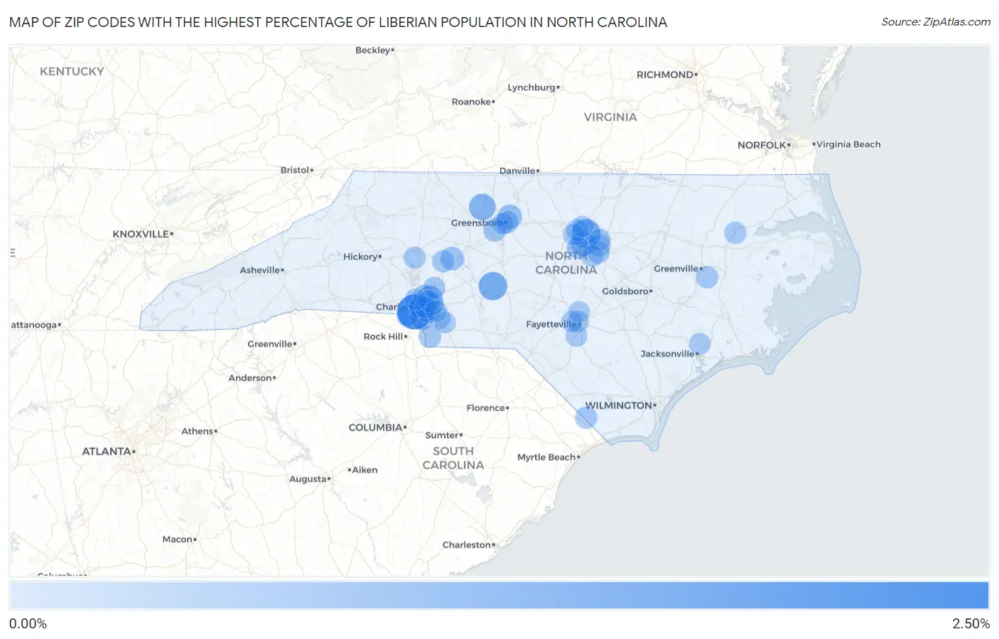 Zip Codes with the Highest Percentage of Liberian Population in North Carolina Map