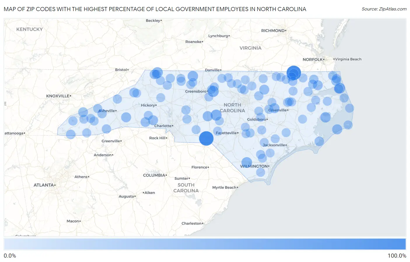 Zip Codes with the Highest Percentage of Local Government Employees in North Carolina Map