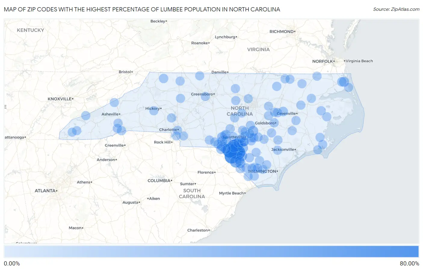 Zip Codes with the Highest Percentage of Lumbee Population in North Carolina Map
