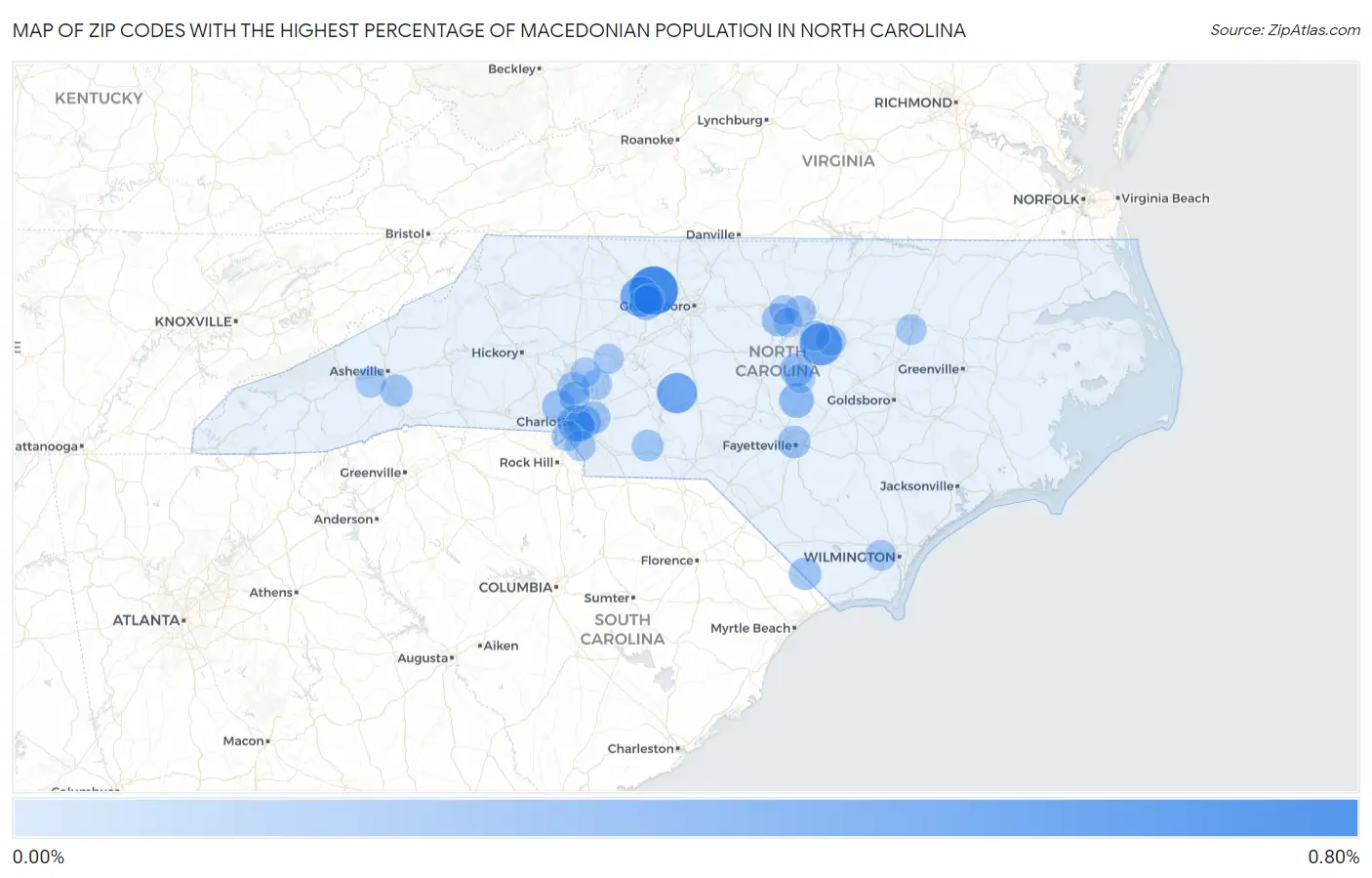 Zip Codes with the Highest Percentage of Macedonian Population in North Carolina Map