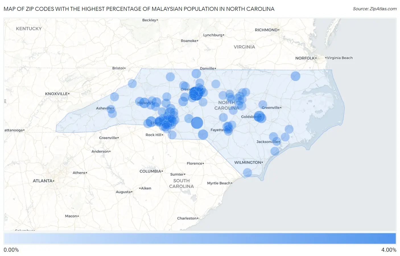 Zip Codes with the Highest Percentage of Malaysian Population in North Carolina Map