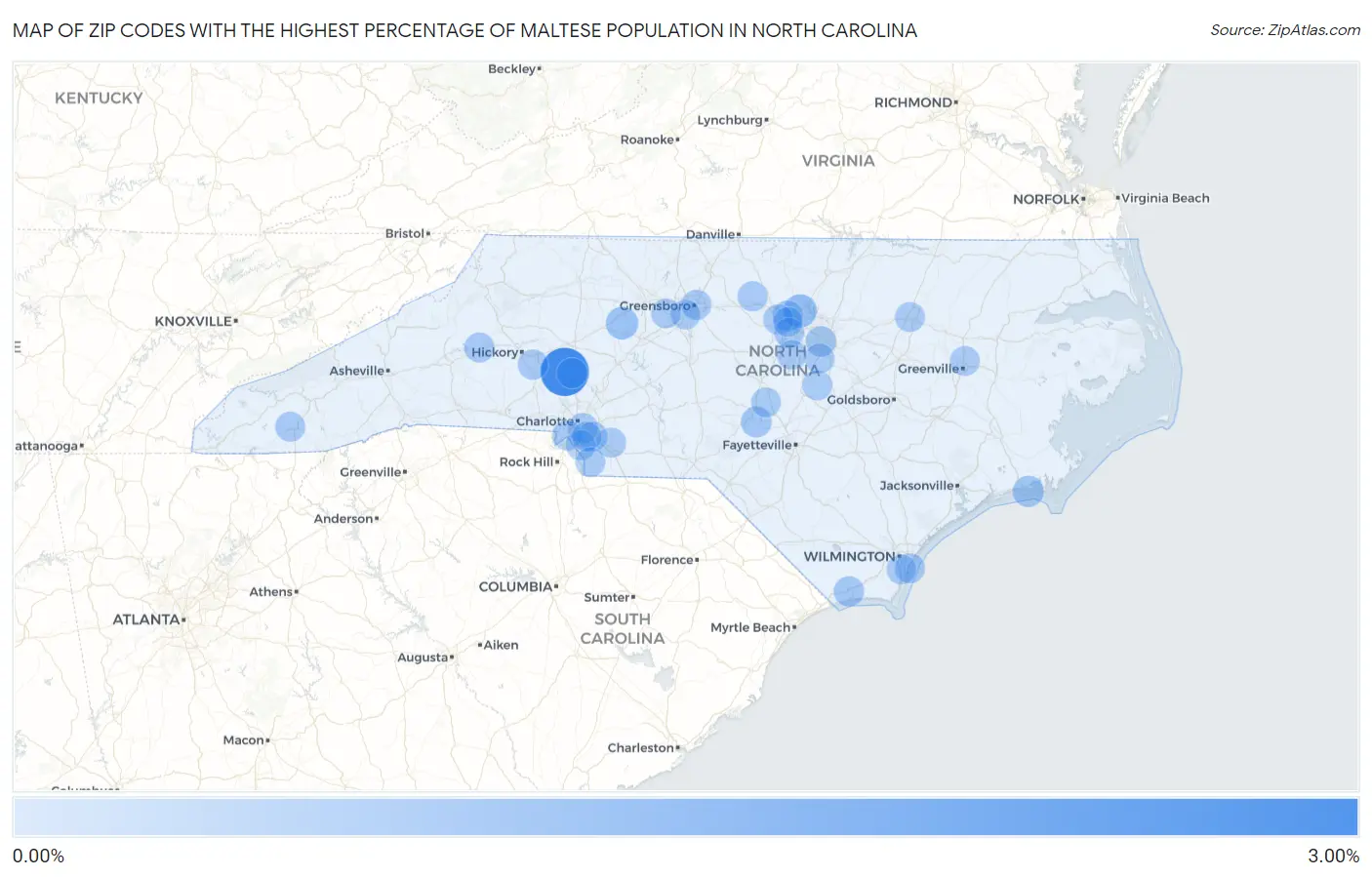 Zip Codes with the Highest Percentage of Maltese Population in North Carolina Map
