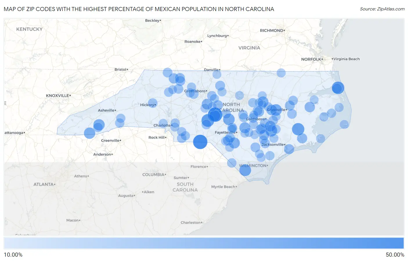 Zip Codes with the Highest Percentage of Mexican Population in North Carolina Map