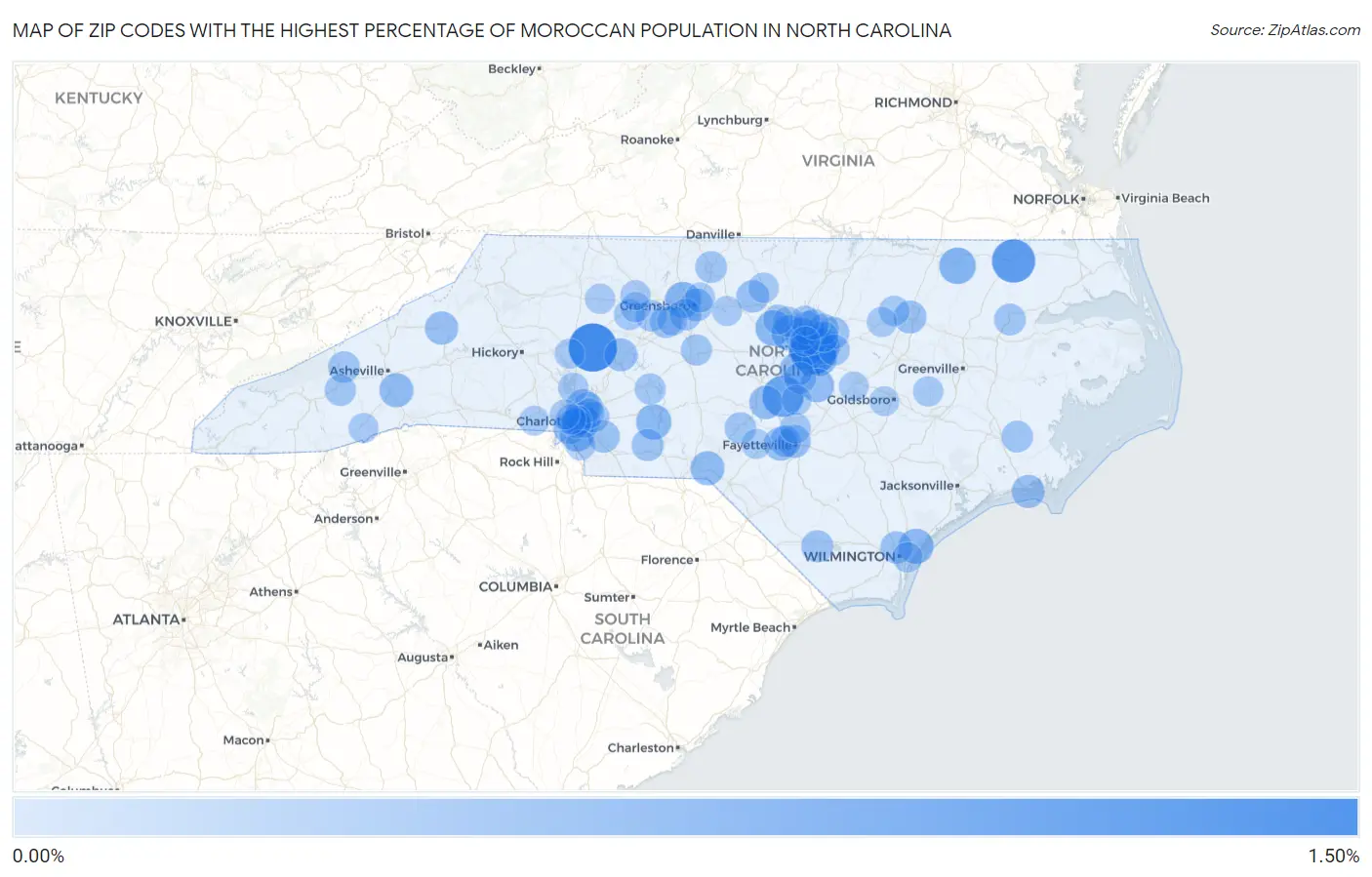Zip Codes with the Highest Percentage of Moroccan Population in North Carolina Map