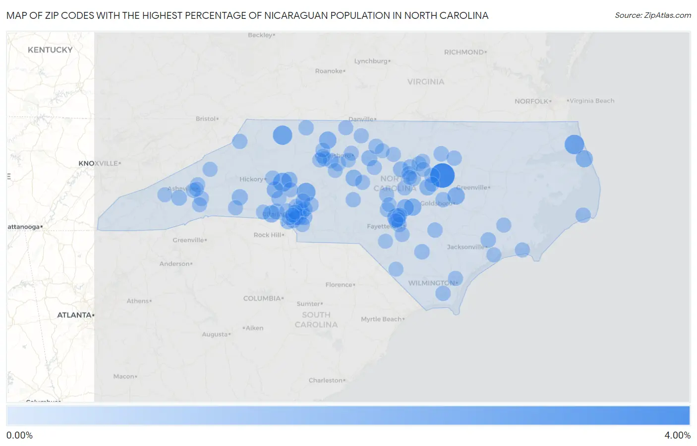Zip Codes with the Highest Percentage of Nicaraguan Population in North Carolina Map