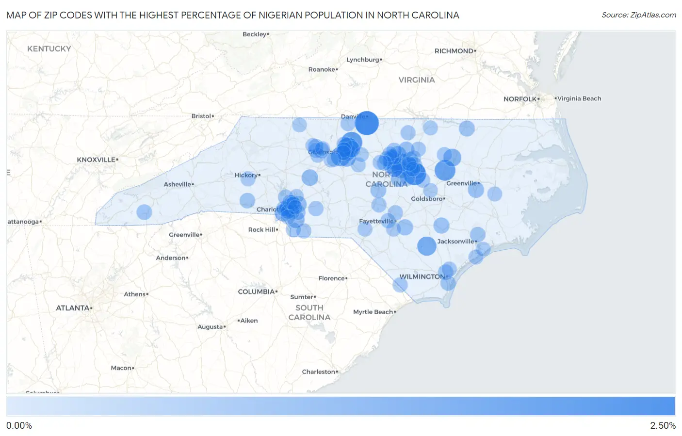 Zip Codes with the Highest Percentage of Nigerian Population in North Carolina Map