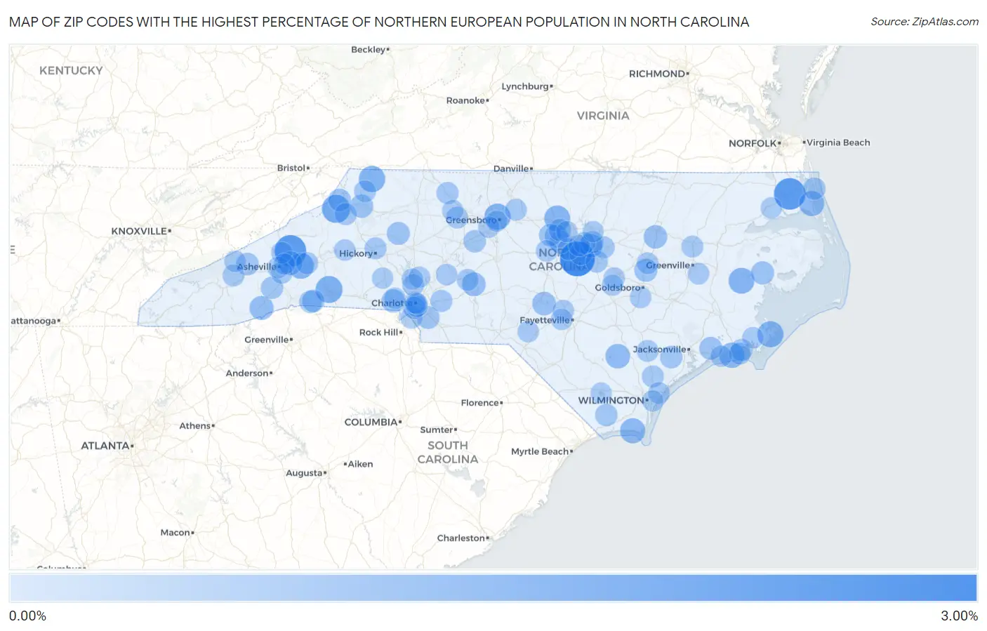 Zip Codes with the Highest Percentage of Northern European Population in North Carolina Map