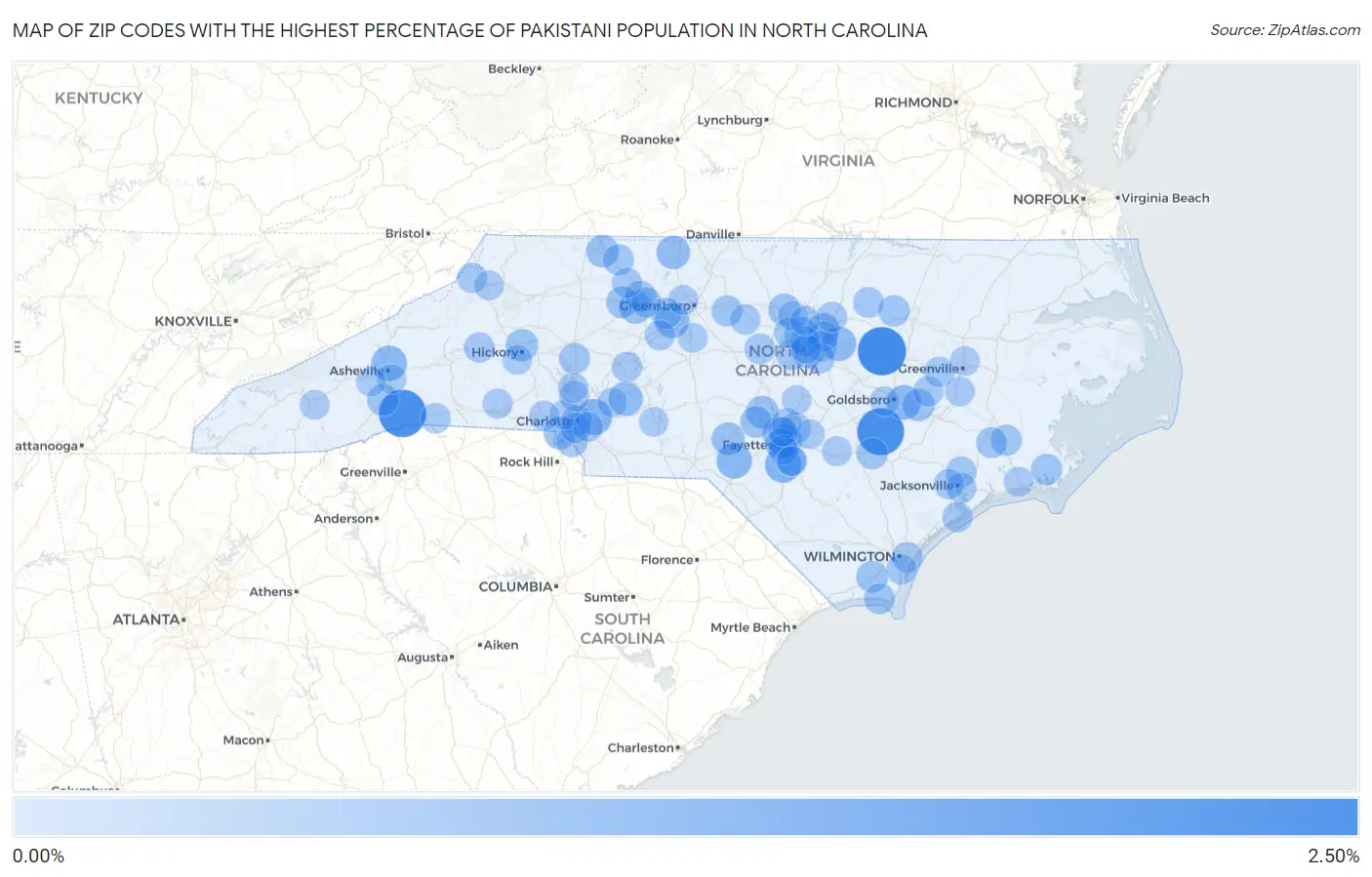 Zip Codes with the Highest Percentage of Pakistani Population in North Carolina Map