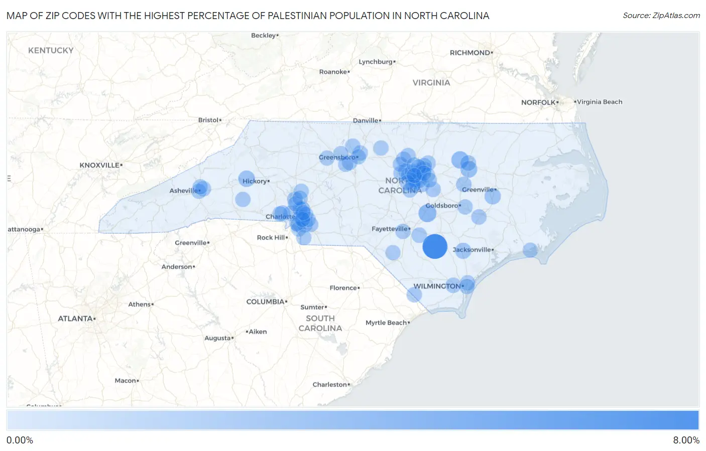 Zip Codes with the Highest Percentage of Palestinian Population in North Carolina Map