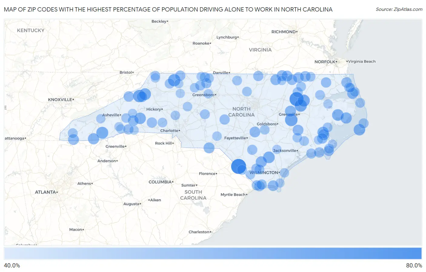 Zip Codes with the Highest Percentage of Population Driving Alone to Work in North Carolina Map