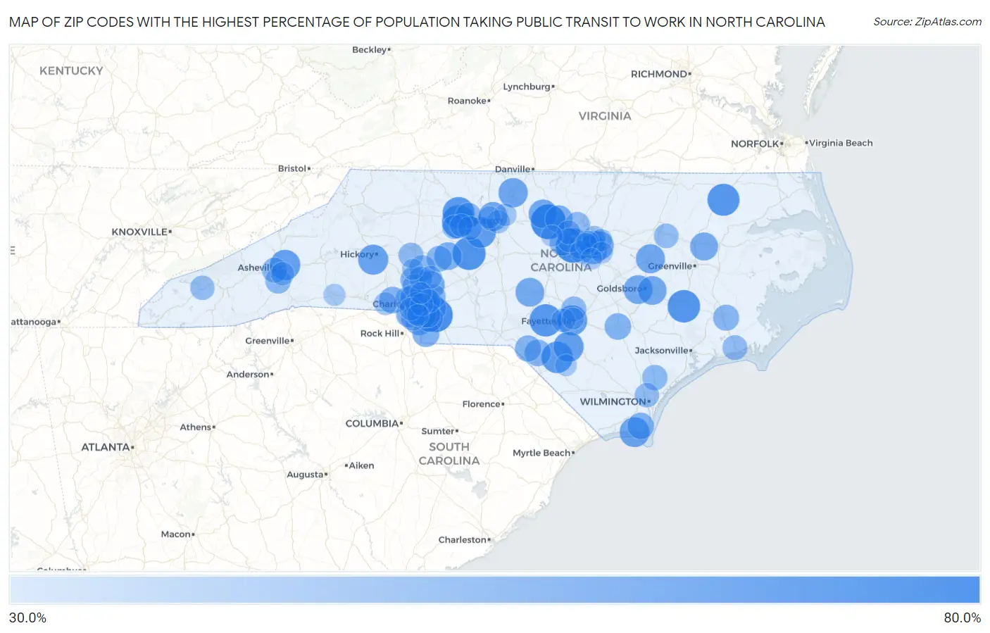Zip Codes with the Highest Percentage of Population Taking Public Transit to Work in North Carolina Map