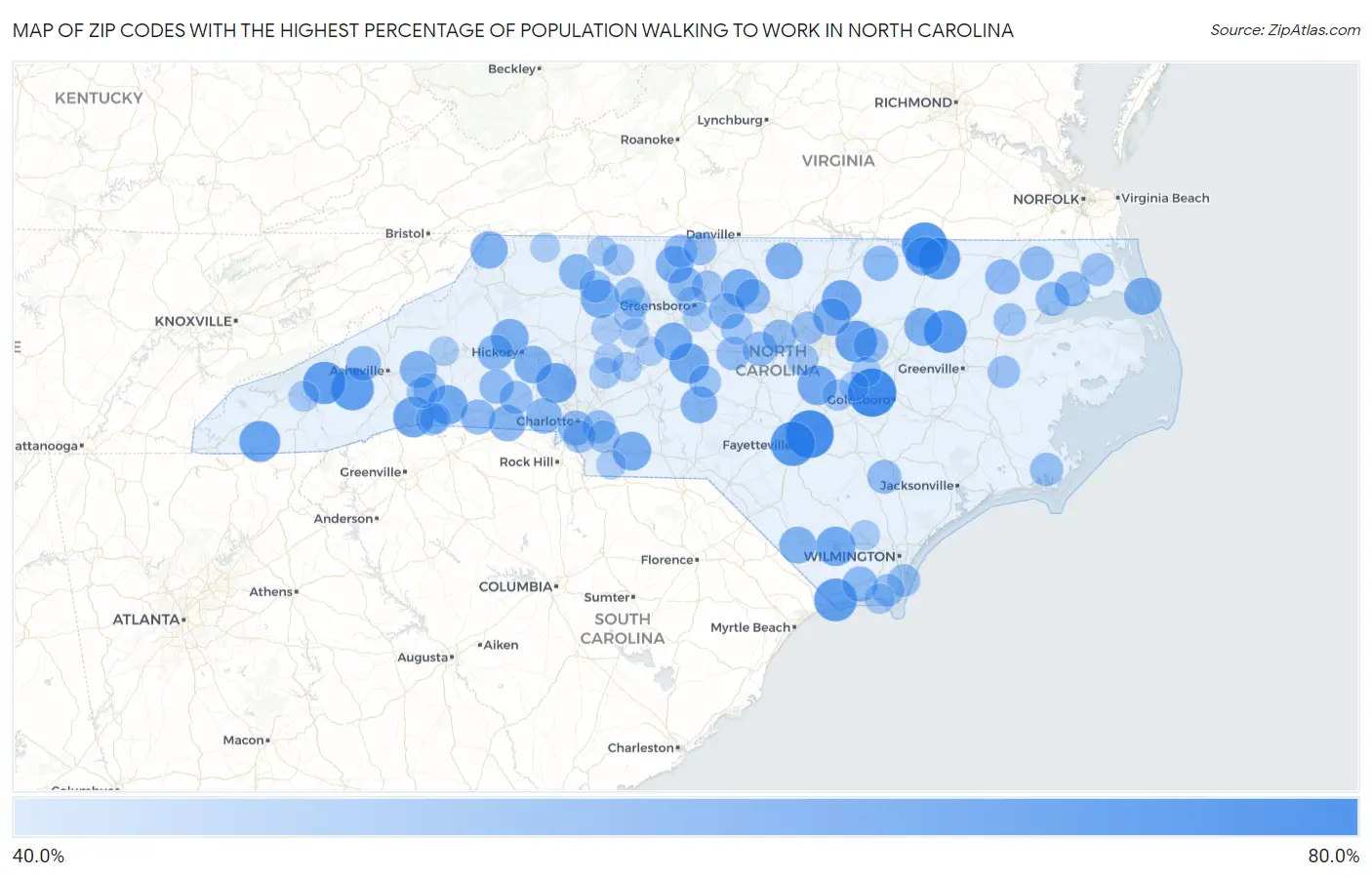 Zip Codes with the Highest Percentage of Population Walking to Work in North Carolina Map