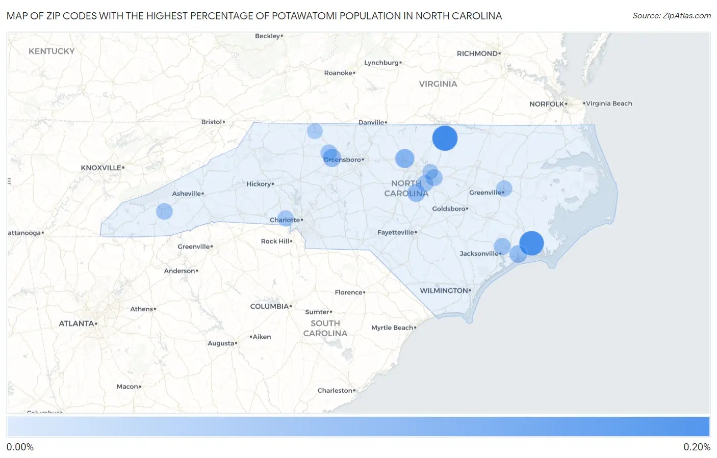 Zip Codes with the Highest Percentage of Potawatomi Population in North Carolina Map