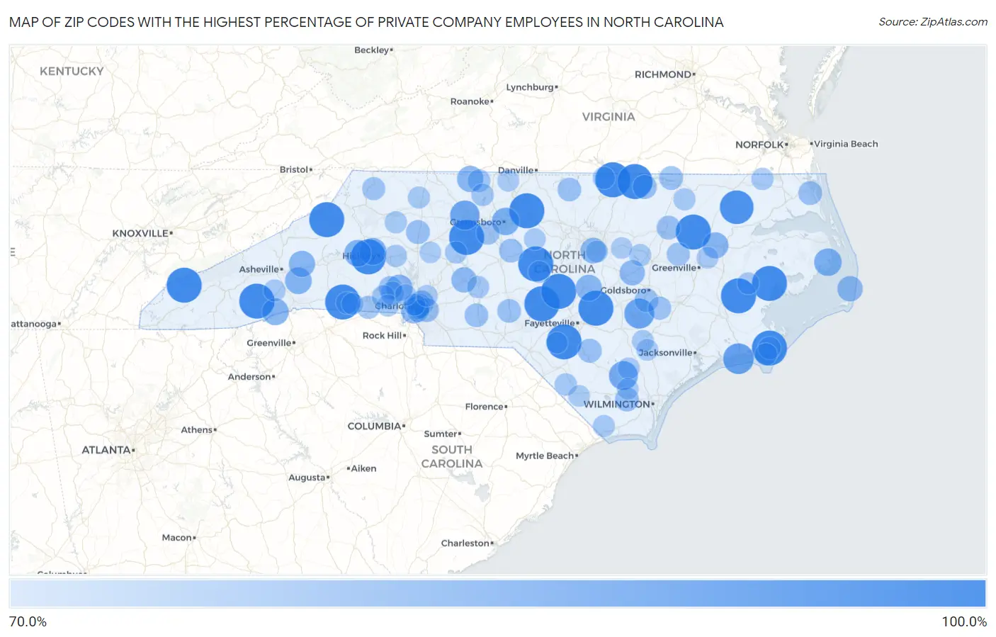 Zip Codes with the Highest Percentage of Private Company Employees in North Carolina Map