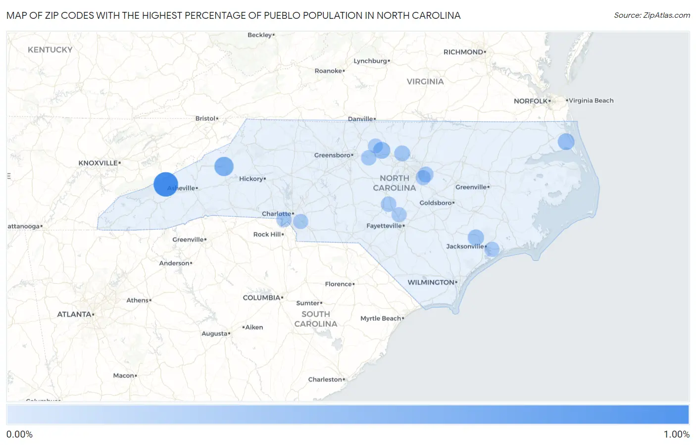 Zip Codes with the Highest Percentage of Pueblo Population in North Carolina Map