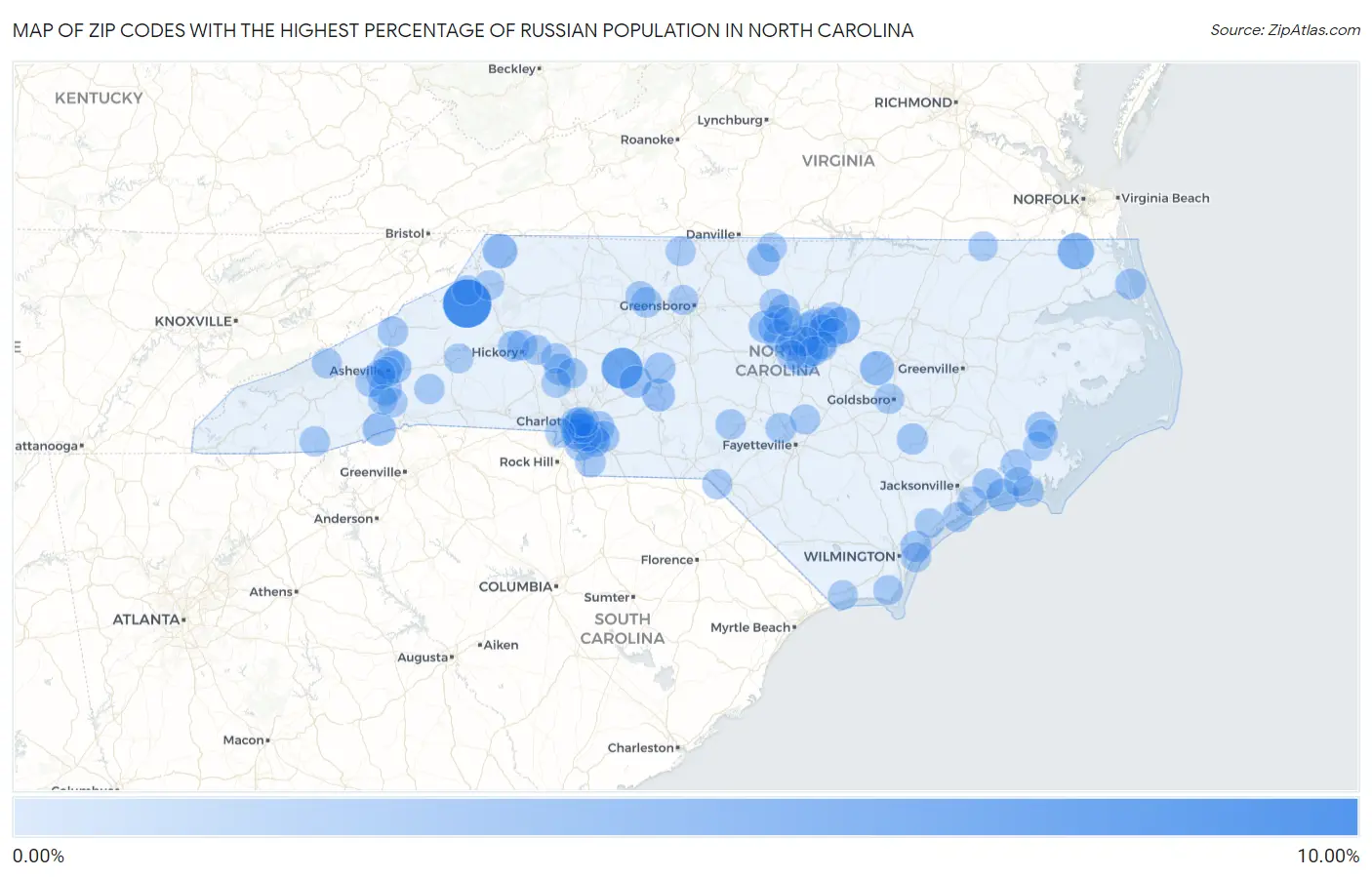 Zip Codes with the Highest Percentage of Russian Population in North Carolina Map
