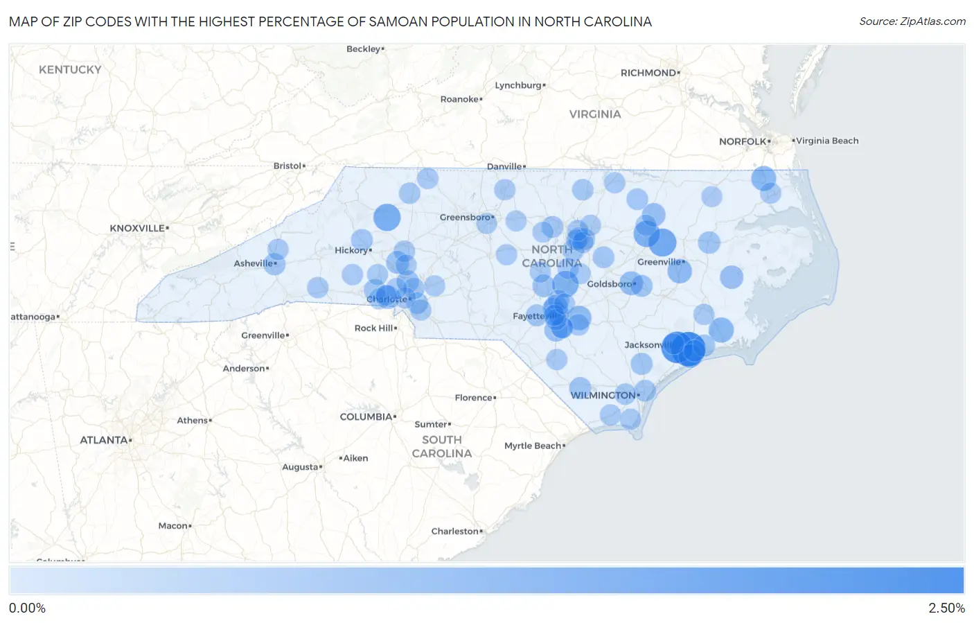 Zip Codes with the Highest Percentage of Samoan Population in North Carolina Map