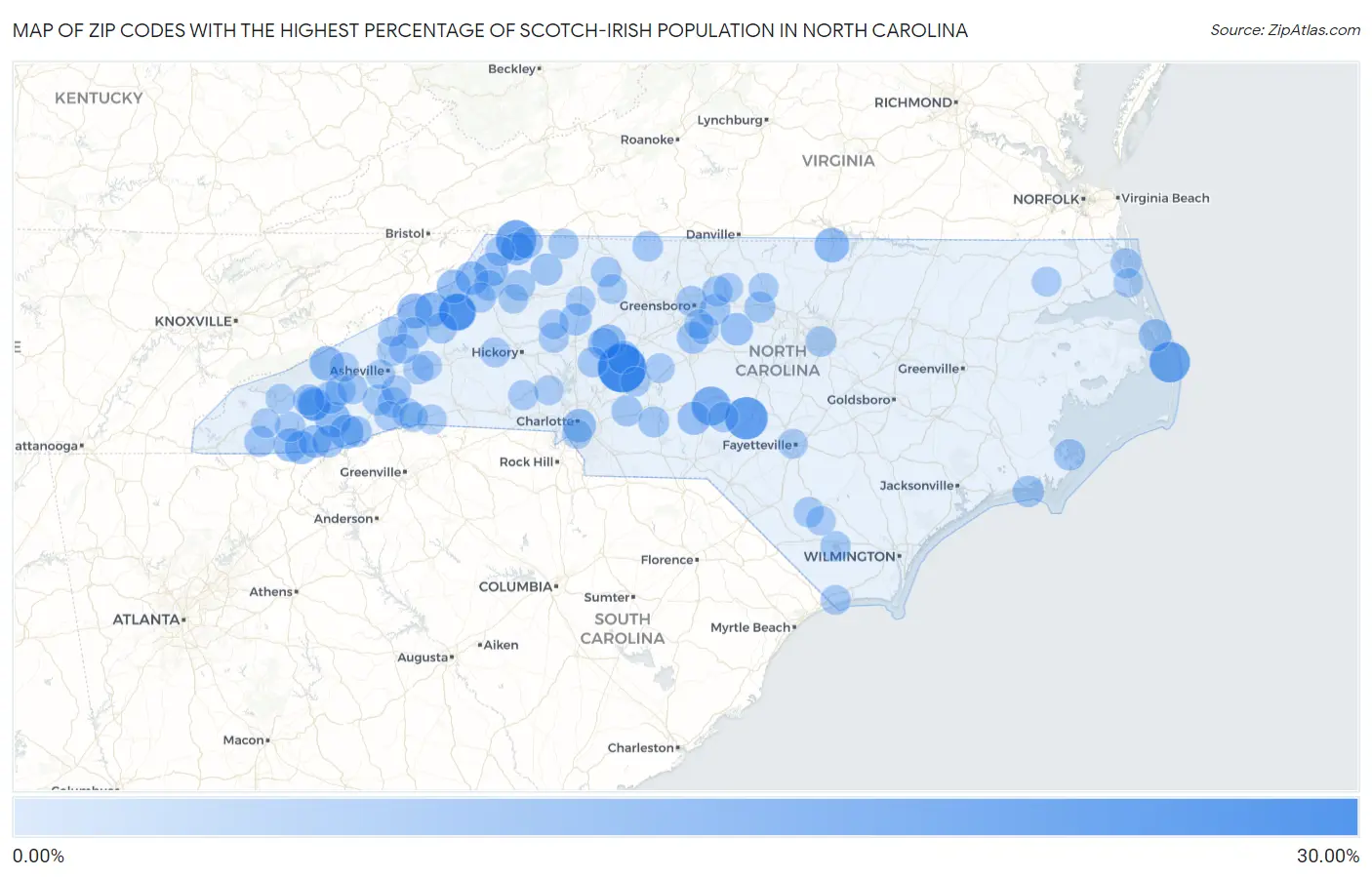 Zip Codes with the Highest Percentage of Scotch-Irish Population in North Carolina Map
