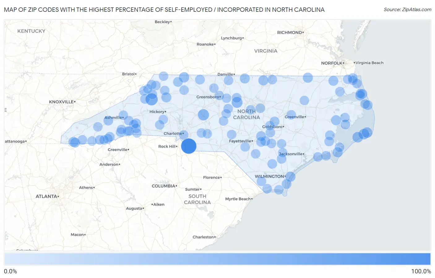 Zip Codes with the Highest Percentage of Self-Employed / Incorporated in North Carolina Map
