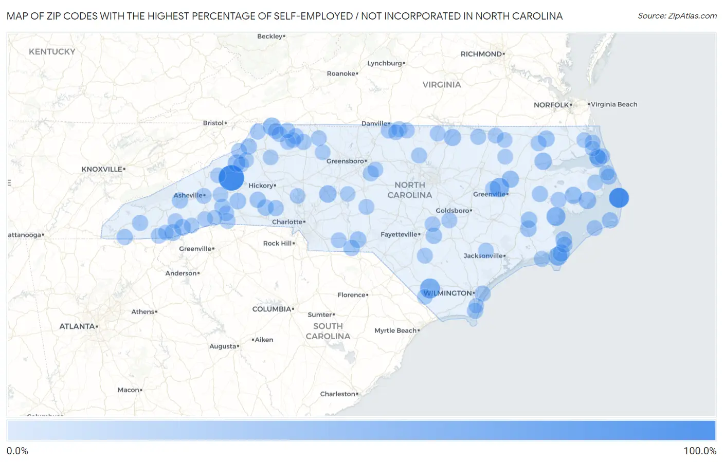 Zip Codes with the Highest Percentage of Self-Employed / Not Incorporated in North Carolina Map