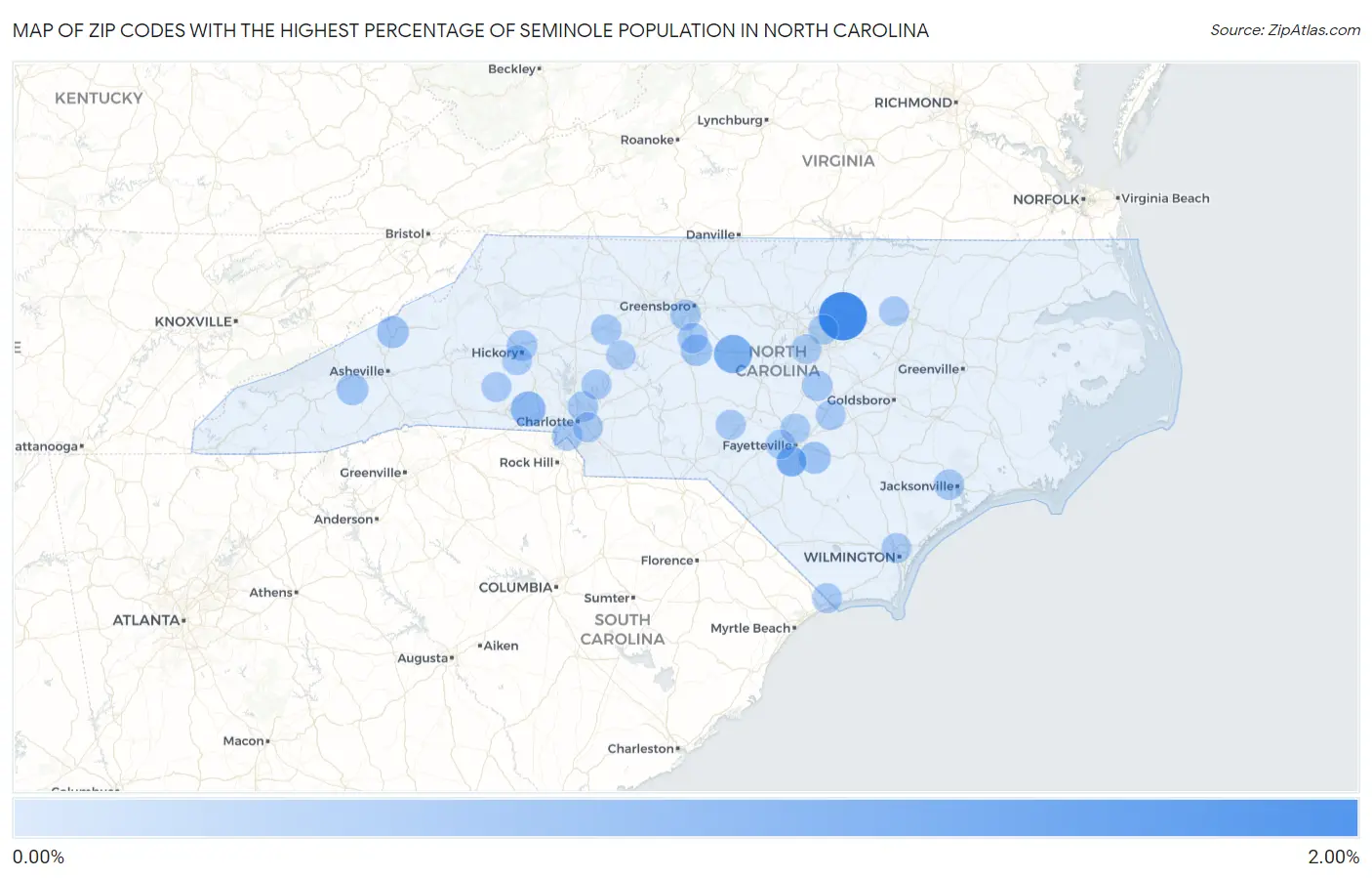 Zip Codes with the Highest Percentage of Seminole Population in North Carolina Map