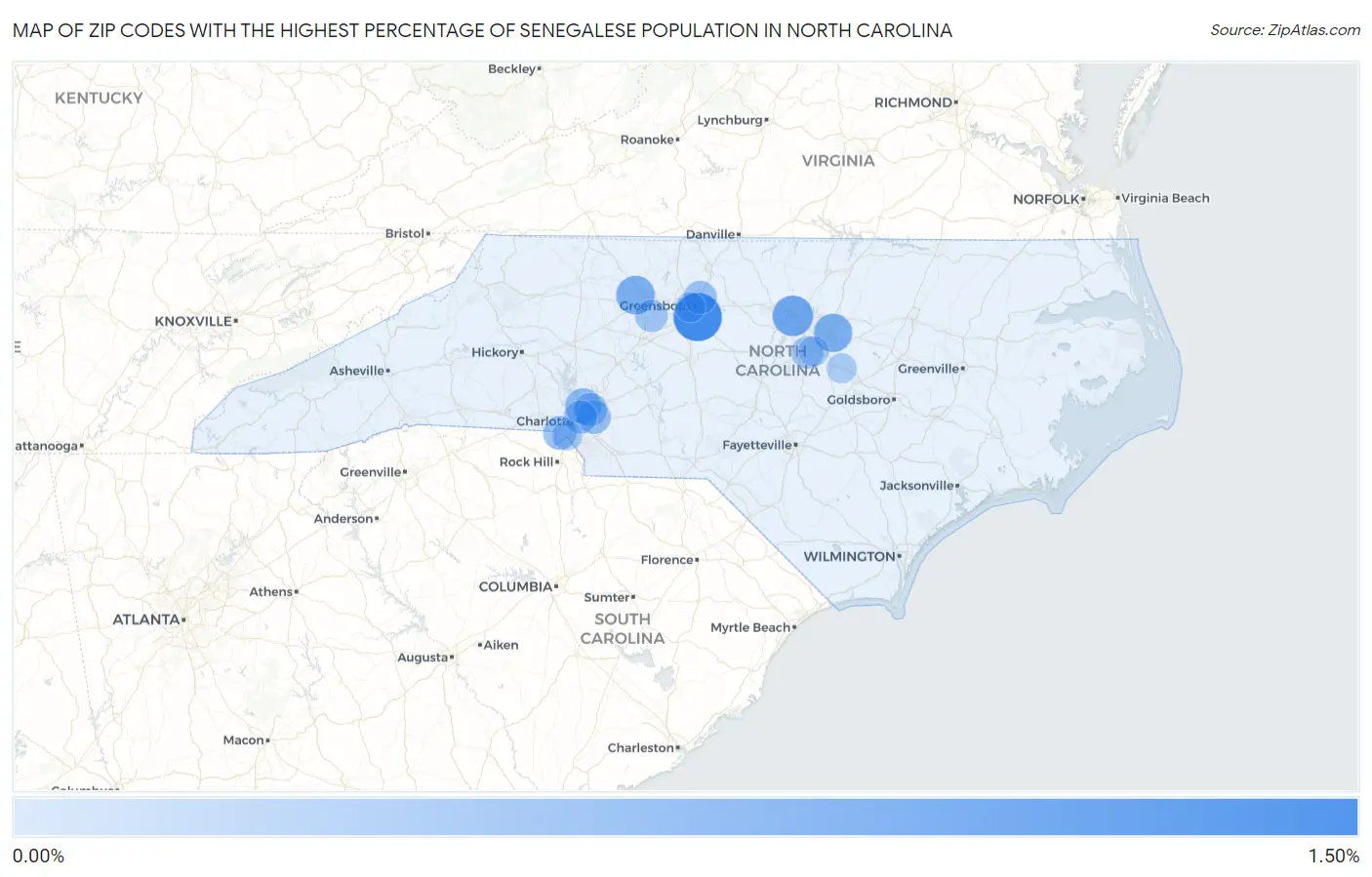 Zip Codes with the Highest Percentage of Senegalese Population in North Carolina Map