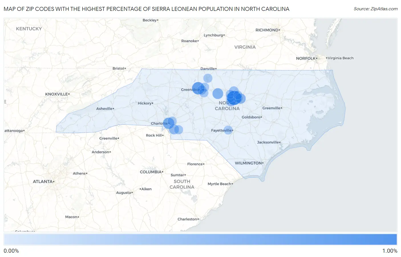 Zip Codes with the Highest Percentage of Sierra Leonean Population in North Carolina Map