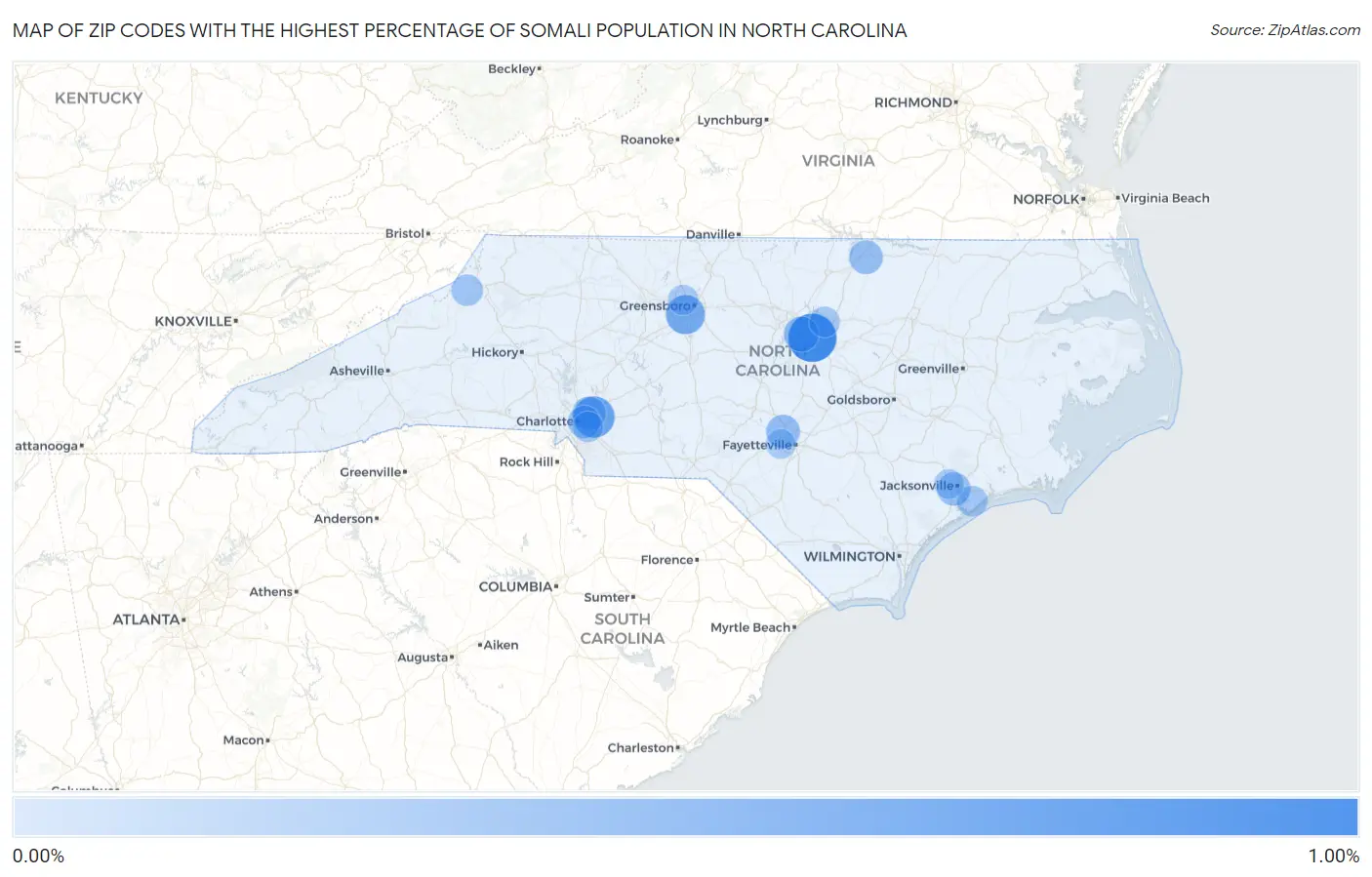 Zip Codes with the Highest Percentage of Somali Population in North Carolina Map