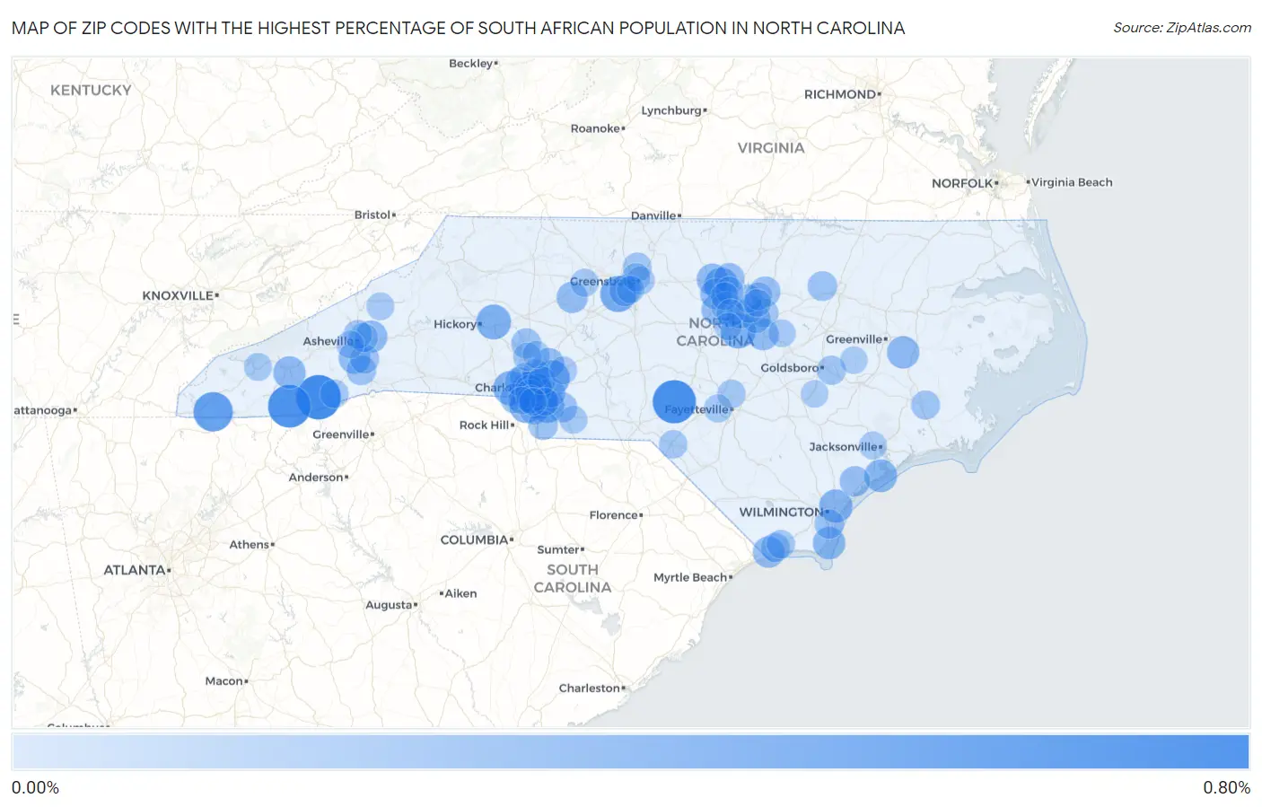 Zip Codes with the Highest Percentage of South African Population in North Carolina Map