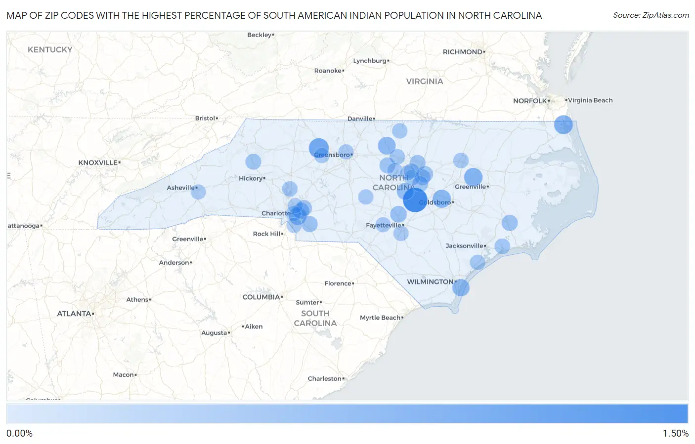Zip Codes with the Highest Percentage of South American Indian Population in North Carolina Map