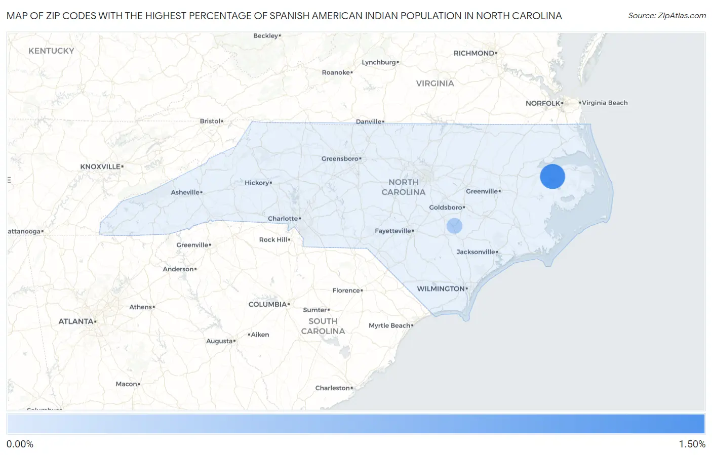 Zip Codes with the Highest Percentage of Spanish American Indian Population in North Carolina Map