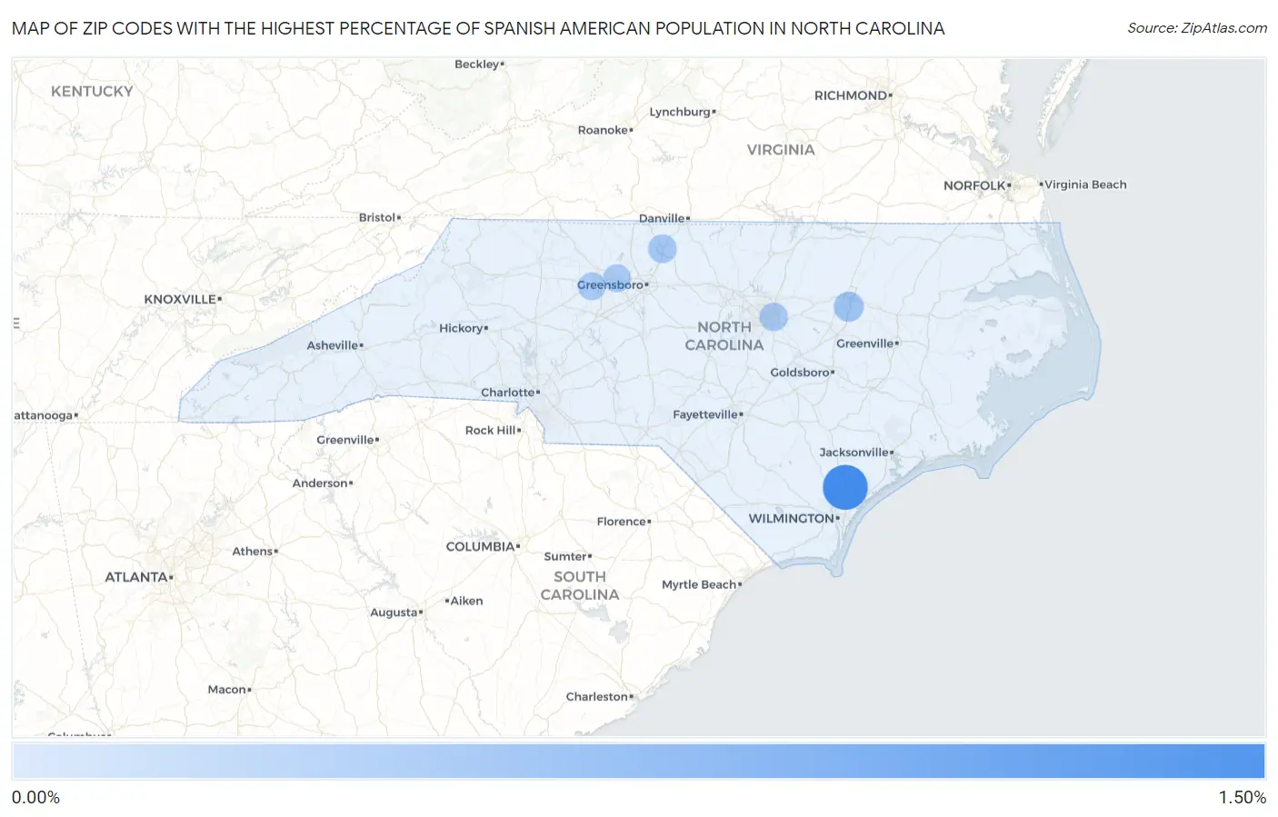 Zip Codes with the Highest Percentage of Spanish American Population in North Carolina Map