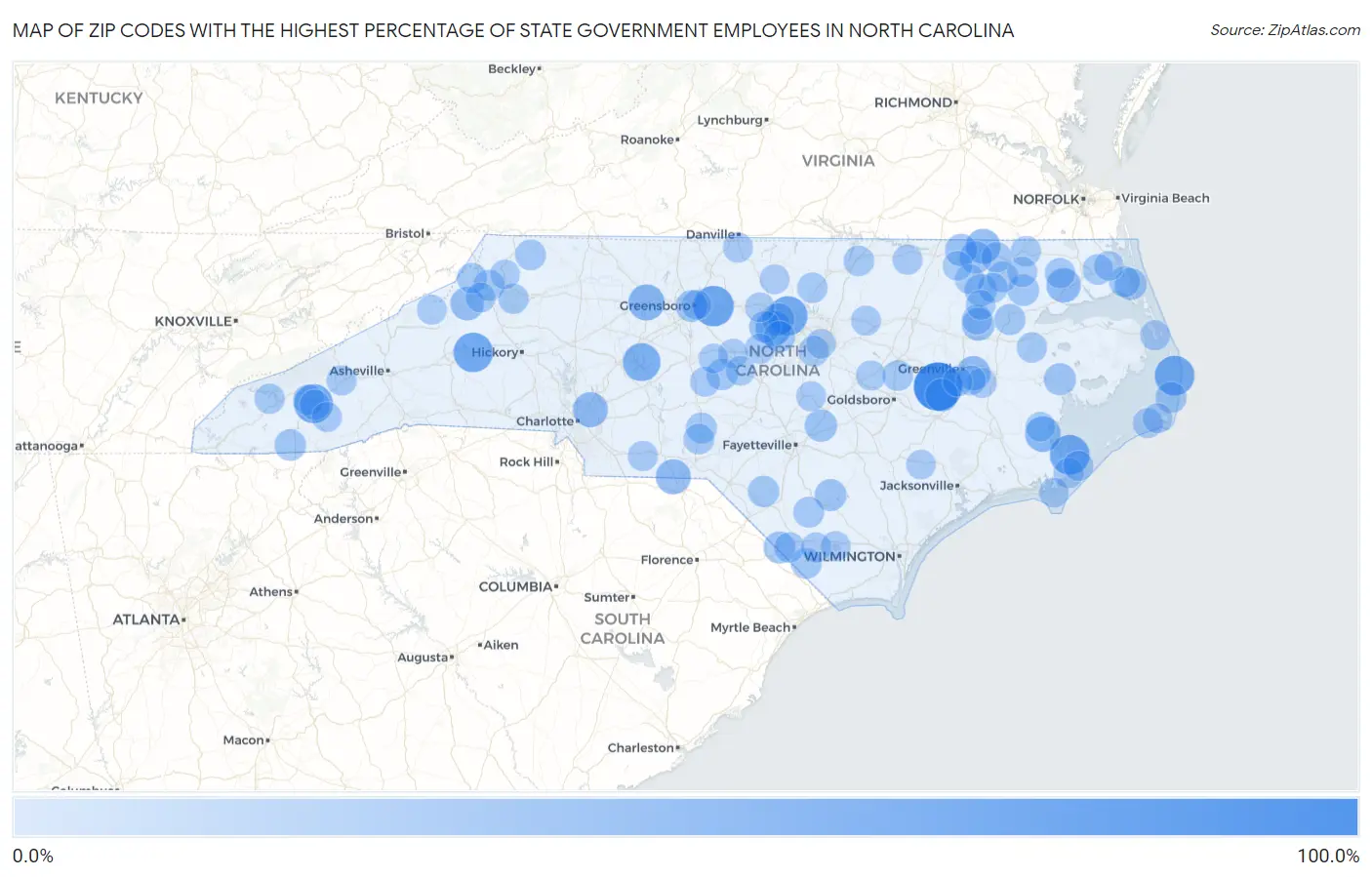 Zip Codes with the Highest Percentage of State Government Employees in North Carolina Map