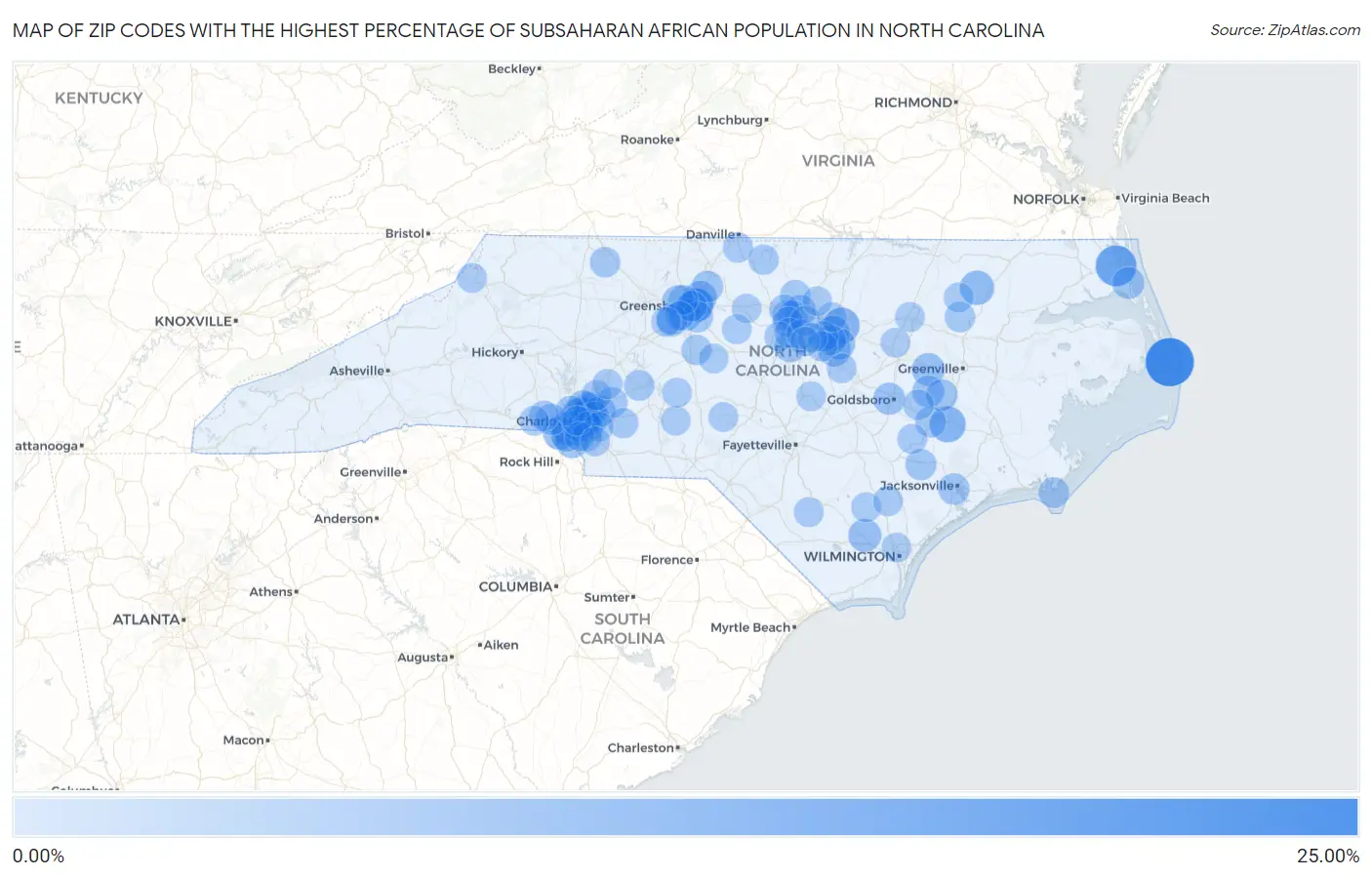 Zip Codes with the Highest Percentage of Subsaharan African Population in North Carolina Map
