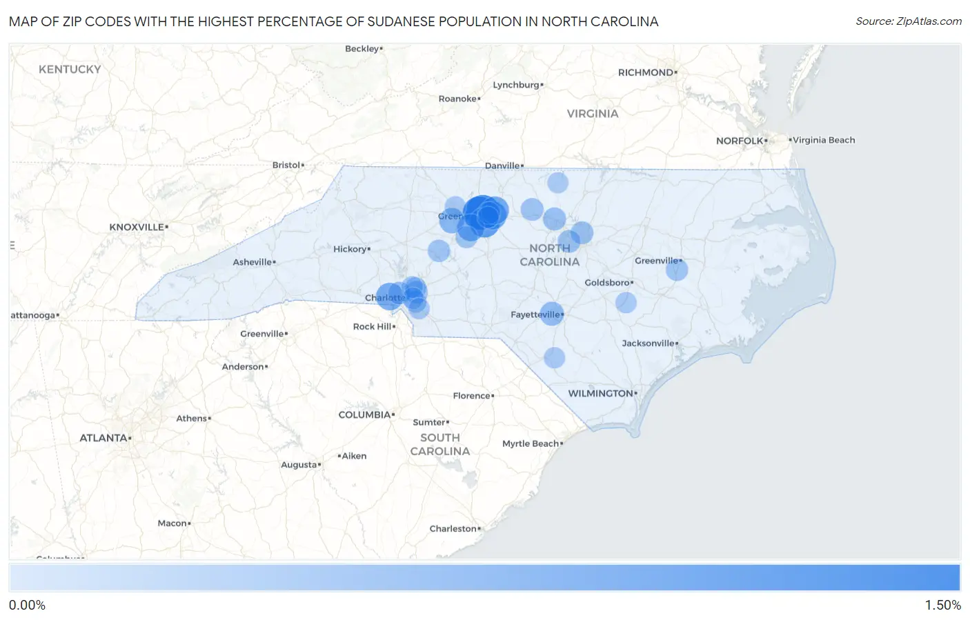 Zip Codes with the Highest Percentage of Sudanese Population in North Carolina Map