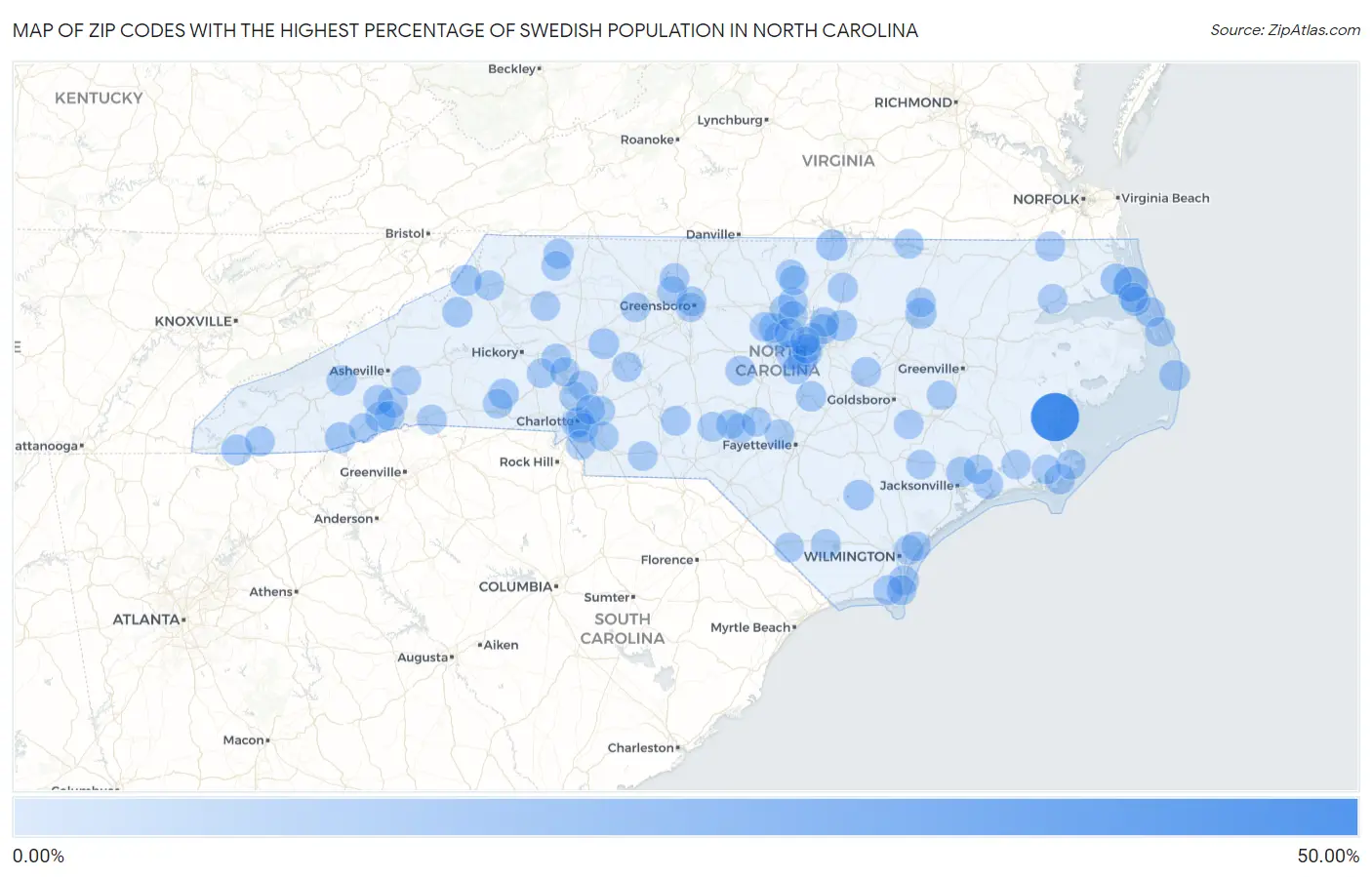 Zip Codes with the Highest Percentage of Swedish Population in North Carolina Map