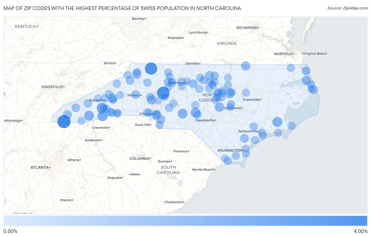 Zip Codes with the Highest Percentage of Swiss Population in North Carolina Map